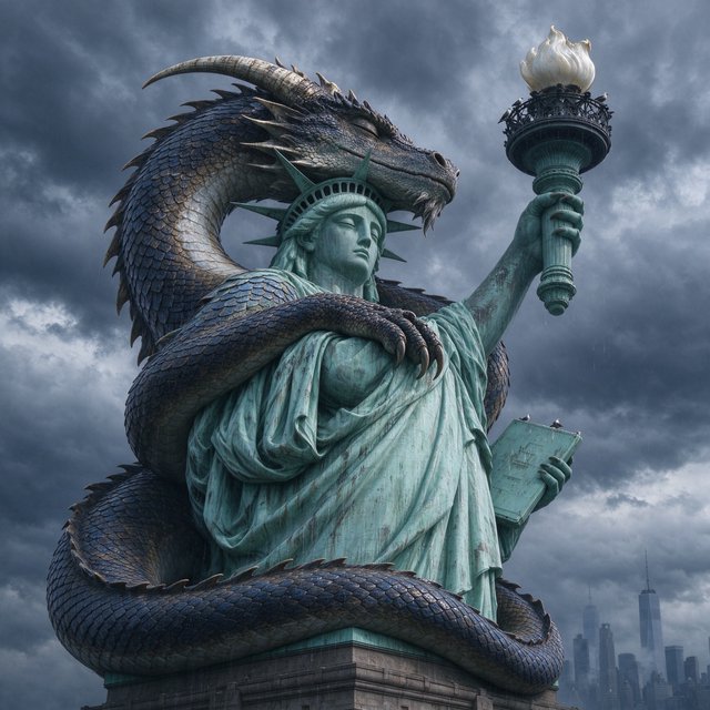 A dragon sleeping on the Statue of Liberty on a moody, overcast day. — Seedream 5.0 Flash