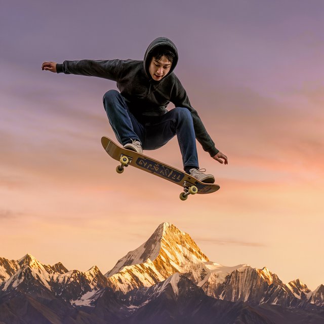 A man wearing a hoodie, jeans, and sneakers rides a skateboard that has taken off the ground. A low angle shows the man on the skateboard up in the air at high speed, with a snow-capped peak in the background beneath a setting sun in the evening sky. — Kling v3