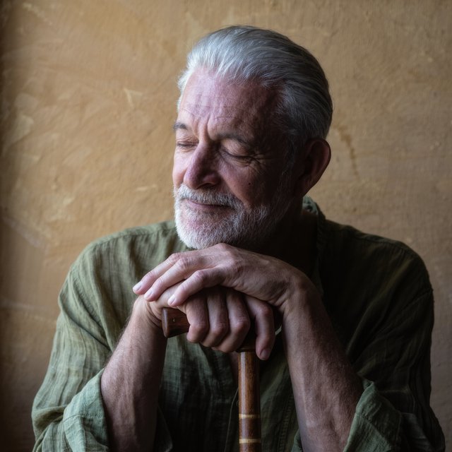 Portrait photograph of an adult man in his 40s with silver-streaked hair, wearing a textured olive linen shirt and rolled sleeves, hands resting on a wooden cane, relaxed expression, ochre plaster backdrop, soft window light from the side. — Kling v3 Omni