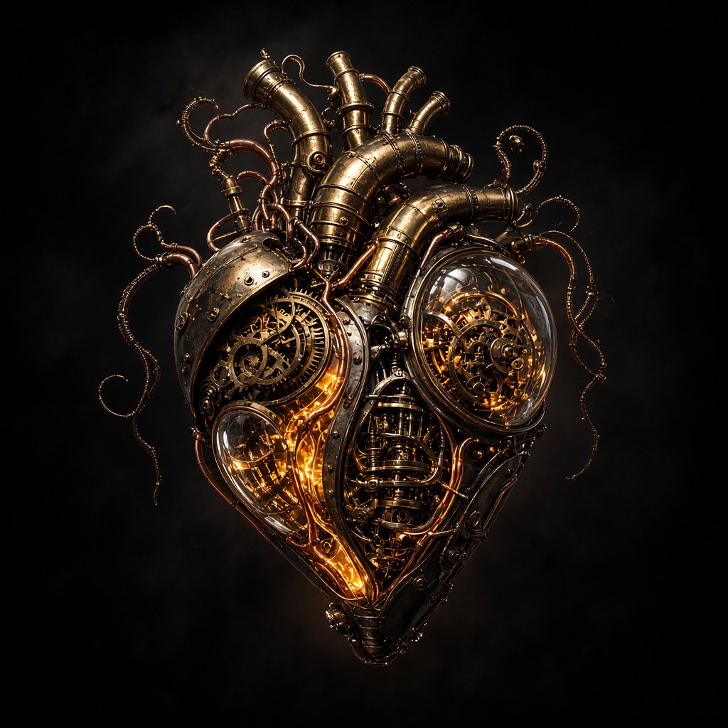 A beautifully intricate mechanical heart floating alone in deep darkness, designed like an exquisite piece of horological sculpture. Its polished brass, copper, and dark steel chambers are partially open, revealing layers of tiny interlocking gears, delicate springs, pistons, and precision mechanisms within. Sections of crystal-clear glass expose deeper workings, while slender tubes carry a faintly glowing fluid through the heart like an artificial bloodstream. Tiny gears turn and pistons move, suggesting that the heart is genuinely functioning. Fine mechanical filaments curl outward like veins and arteries, catching subtle highlights from the warm inner glow. Elegant steampunk aesthetic, dramatic cinematic lighting, rich metallic textures, intricate reflections, mysterious atmosphere. — Grok Imagine Image 2