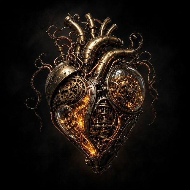 A beautifully intricate mechanical heart floating alone in deep darkness, designed like an exquisite piece of horological sculpture. Its polished brass, copper, and dark steel chambers are partially open, revealing layers of tiny interlocking gears, delicate springs, pistons, and precision mechanisms within. Sections of crystal-clear glass expose deeper workings, while slender tubes carry a faintly glowing fluid through the heart like an artificial bloodstream. Tiny gears turn and pistons move, suggesting that the heart is genuinely functioning. Fine mechanical filaments curl outward like veins and arteries, catching subtle highlights from the warm inner glow. Elegant steampunk aesthetic, dramatic cinematic lighting, rich metallic textures, intricate reflections, mysterious atmosphere. — Grok Imagine Image 2