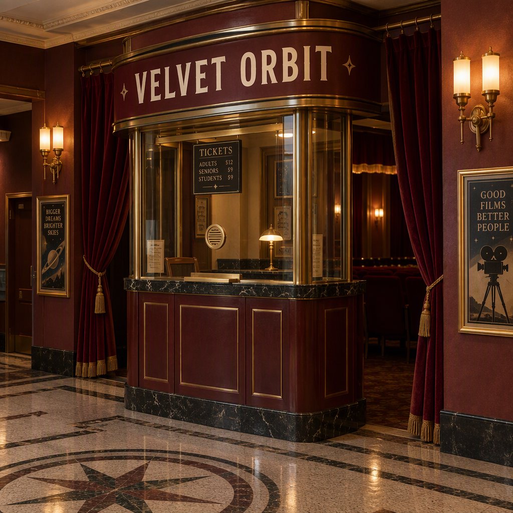 In a restored neighborhood cinema, brass sconces illuminate velvet curtains and a glass ticket booth; "VELVET ORBIT" is painted in ivory block letters across the booth’s burgundy fascia. — GPT Image 2.5 Flare