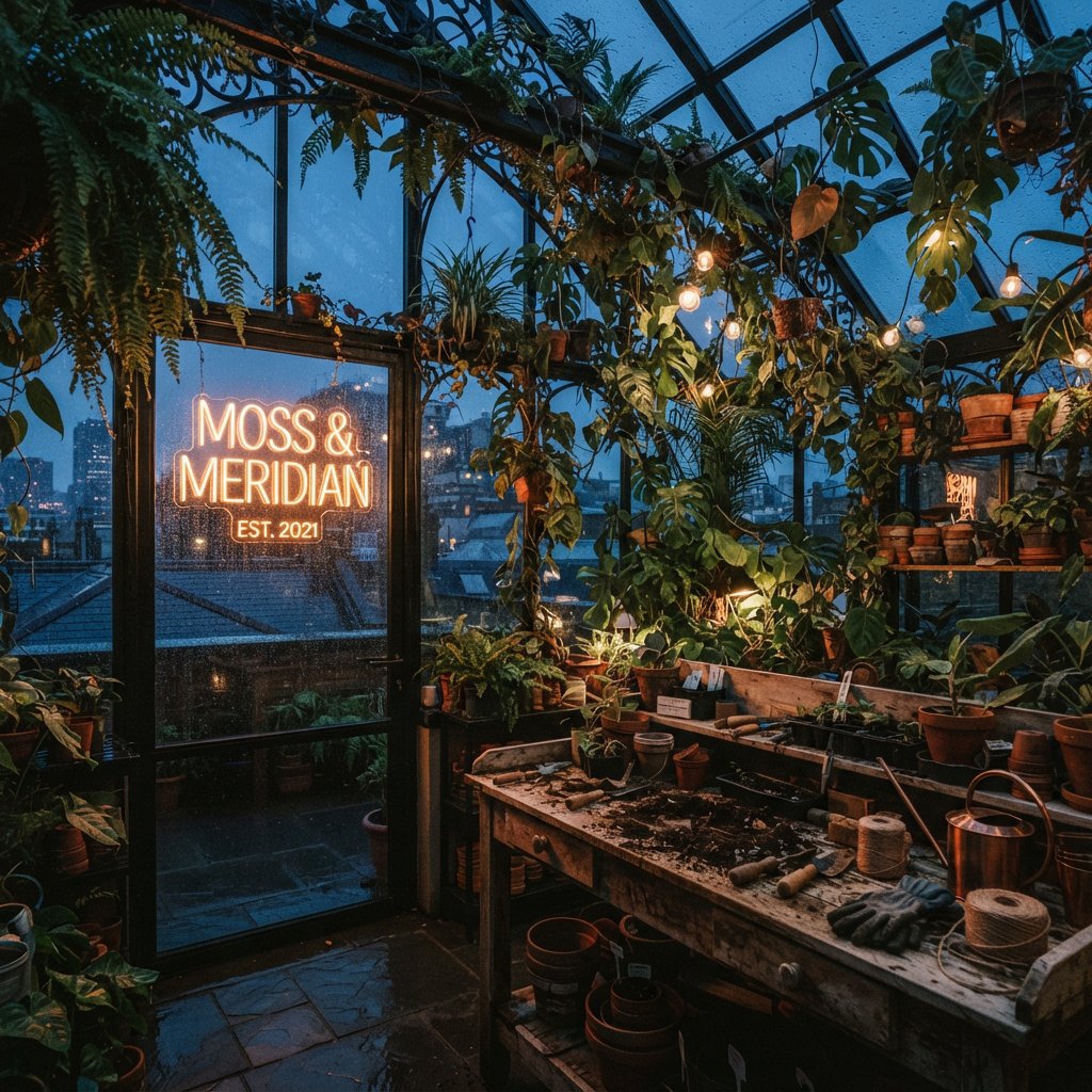 Inside a rooftop greenhouse at blue hour, tropical leaves crowd iron beams above a quiet potting bench; "MOSS & MERIDIAN" glows in warm amber neon along the glass entrance, with rain beads catching the light. — Nano Banana 2 Lite