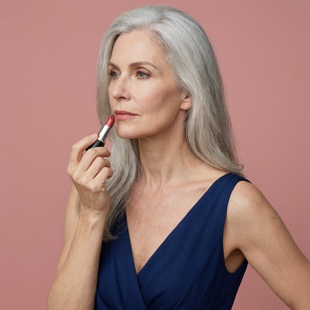 A silver-haired adult woman in a midnight-blue evening gown pauses with lipstick freshly applied, her composed gaze turned slightly aside; diffused rose studio light defines her face and shoulders, with restrained makeup and the polished finish of a fashion magazine. — Model 18