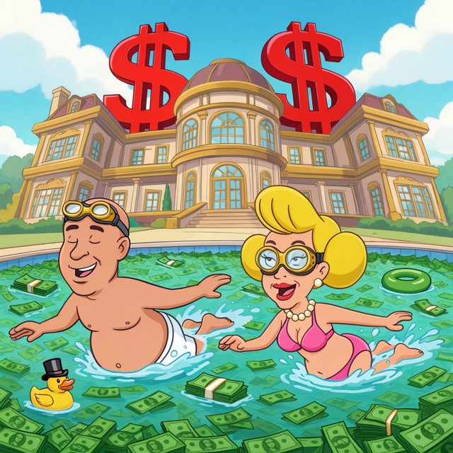 A wealthy adult couple swimming in a huge pool full of money, near a huge mansion with dollar signs on it, with a fun, happy vibe. — Krea 2 Large