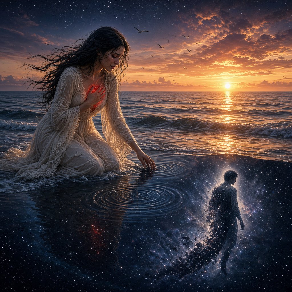 Cinematic, photorealistic artwork of a sorrowful young woman in a flowing ivory lace dress kneels in shallow surf at the waterline during sunset. Her long, windblown dark hair frames her downcast face; a tear flows down her cheek and into the water, one hand presses against her chest, glowing faintly crimson to suggest her still-beating heart, while her other fingertips touch the water. The world behind her remains beautiful: a golden sun shines over restless waves, seabirds cross the sky, and fiery peach clouds fade into star-filled indigo. In the wet sand, her reflection becomes a dark cosmic void. Stars ripple around a fading, ghostlike image of her partner deserting her and dissolving into darkness. The tear forms concentric ripples, disturbing an entire universe. Contrast warm golden life above with cool blue-black devastation below. Natural cinematic lighting, detailed water reflections, realistic anatomy, restrained grief. No text, borders, or collage. — Grok Imagine Image 2