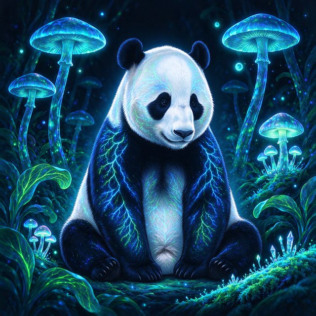 A bioluminescent panda bear, its fur patterns glowing with neon blues and vibrant greens, sits peacefully amidst a grove of luminous, alien flora. Giant, pulsing mushrooms and floating orbs of light create an otherworldly ambiance. The background fades into an inky blackness, making the glowing elements pop. Style: Sci-fi fantasy illustration with sharp, defined lines and glowing contrasts, drawing inspiration from futuristic concept art. — Seedream 5.0 Flash