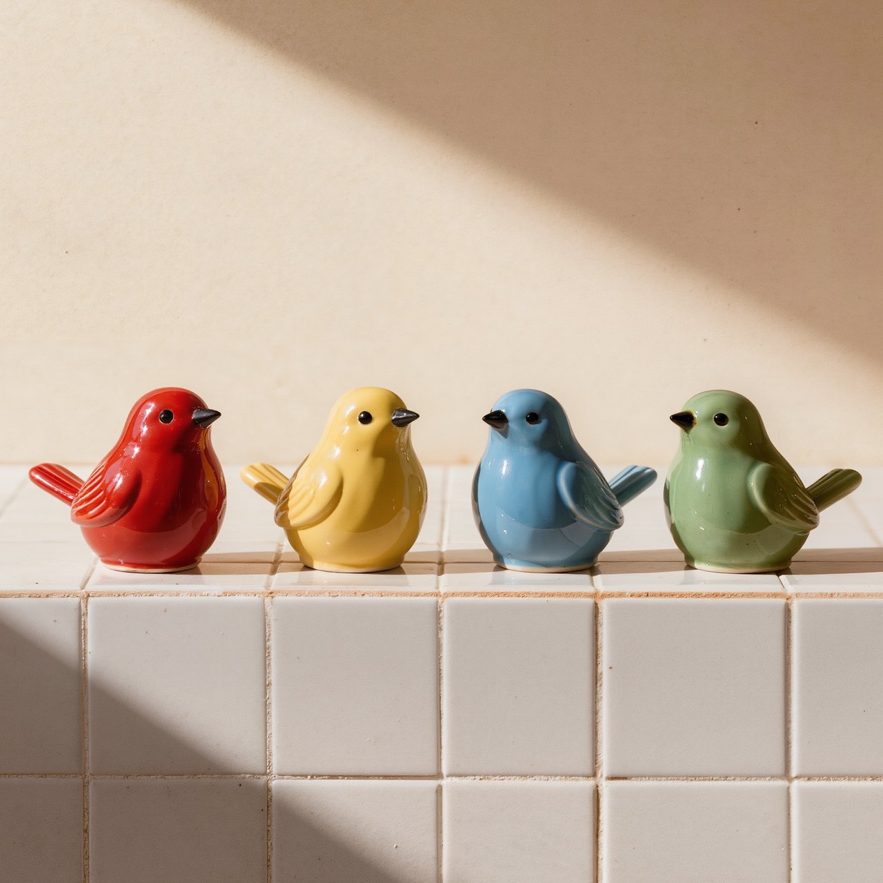 On a sunlit tiled ledge, exactly four ceramic bird figurines form a row: red at far left, yellow at left-center, blue at right-center, and green at far right; all face forward, nothing else. — Kling v3