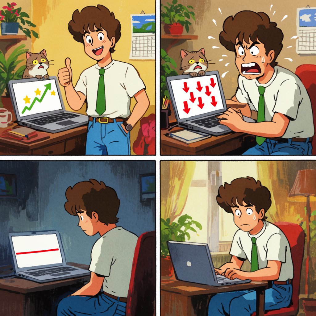 An image depicting the highs and lows of trading, in at least four panels. It ends with a very green day, record profits, and a lesson. — Krea 2 Large