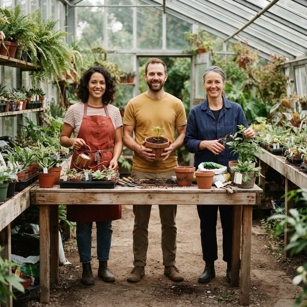 At a quiet greenhouse bench, exactly three adult botanists stand in a row: left wears a rust-red apron and holds a watering can, center wears a mustard shirt and holds a terracotta pot, right wears a navy jacket and holds pruning shears; nothing else. — Nano Banana 2 Lite