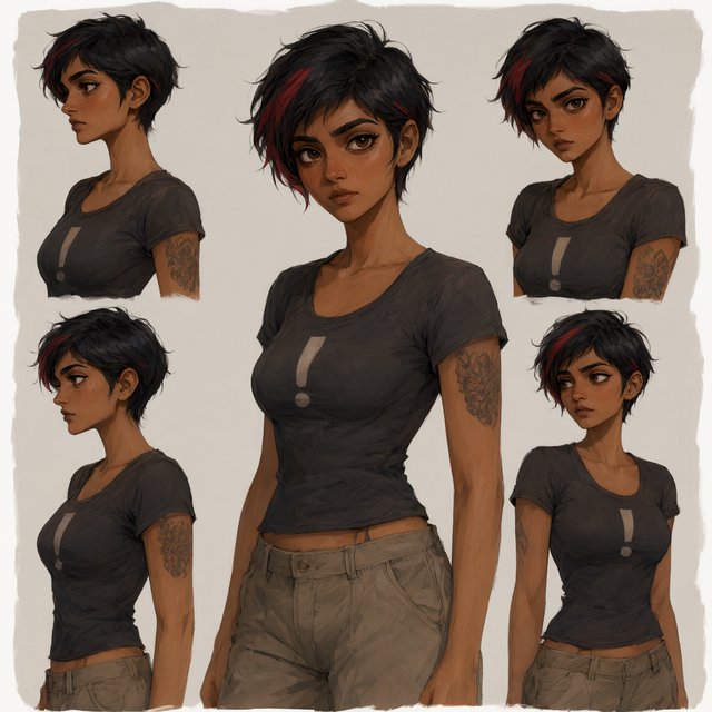 Character exploration sheet of the same 25-year-old Indian woman in several bust and waist-up studies, varied expressions and three-quarter views, one larger central portrait. Warm brown skin, black pixie haircut with red streaks, tattoos, tight T-shirt bearing an exclamation mark (!). Plain warm light-gray background, irregular painted edges. Stylized semi-realistic digital painting with animation-inspired proportions, large expressive eyes, strong brows, simplified anatomy and convincing volume. Minimal linework, soft blended facial shading, broad angular brushstrokes on clothing. Luminous warm brown skin with terracotta undertones, subtle blush, restrained highlights. Hair painted in sculpted masses with broad highlights and fine flyaways. Muted charcoal and earthy neutrals, soft directional studio lighting, detailed eyes and lips, loose edges and unfinished brushwork. — Qwen Image 3.0 Pro
