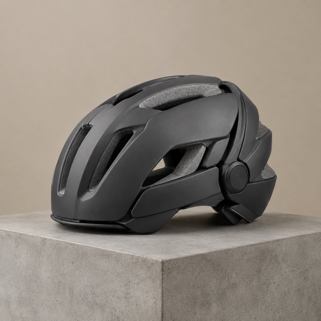 Commercial product photograph of an unbranded folding bicycle helmet made from matte charcoal polymer with soft gray padding, resting on a honed concrete plinth against a muted sand background, illuminated by a broad overhead softbox and gentle rim light. — GPT Image 2.5 Flare