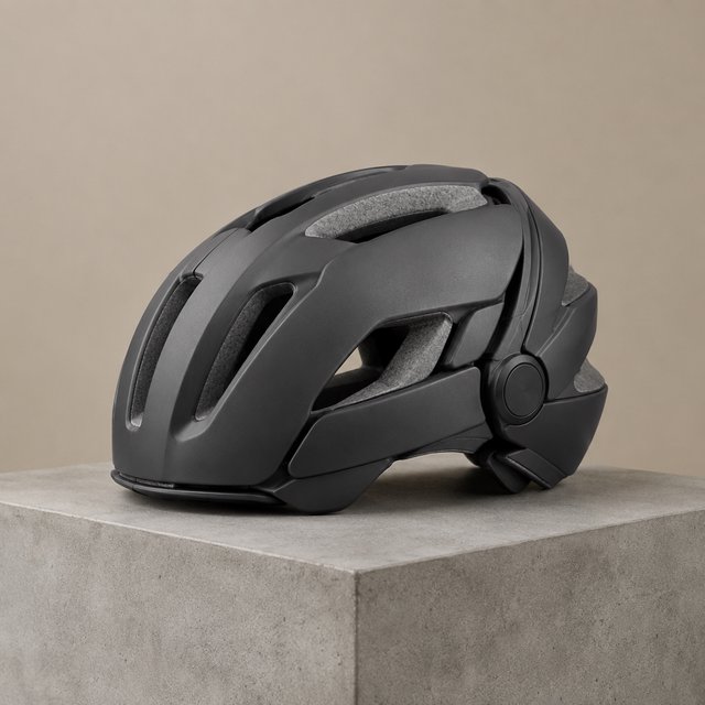 Commercial product photograph of an unbranded folding bicycle helmet made from matte charcoal polymer with soft gray padding, resting on a honed concrete plinth against a muted sand background, illuminated by a broad overhead softbox and gentle rim light. — GPT Image 2.5 Flare