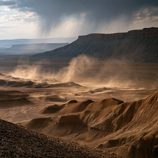 Wind-driven dust devils spiral across ochre badlands beneath a storm-clearing late-afternoon sky; pebble-studded clay ridges and tiny erosion grooves sharpen nearby, while layered mesas recede through veils of rain. — Midjourney V8.2