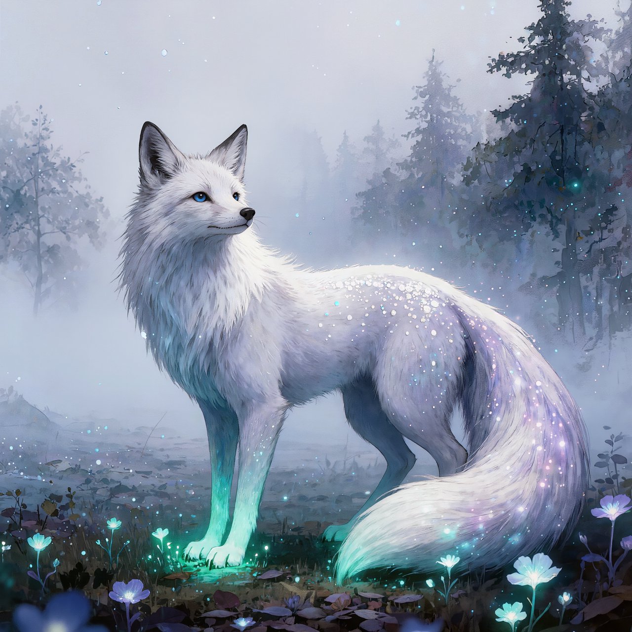 A majestic fox with fur like spun moonlight, standing in a clearing bathed in ethereal light. Bioluminescent flowers bloom around its paws, casting a soft, otherworldly glow. The scene is rendered in a detailed watercolor illustration style, with delicate brushstrokes and a muted, mystical color palette. Cinematic lighting emphasizes the magical ambiance. — Kling v3