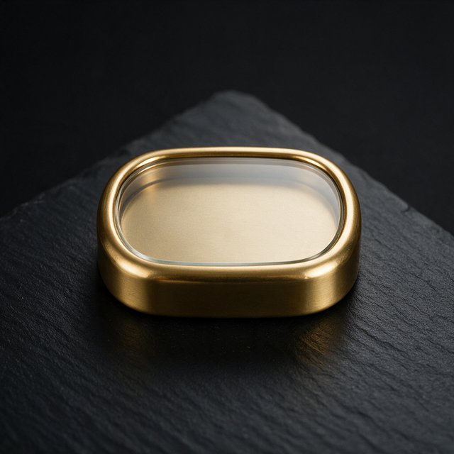 A compact brass pocket compass rests on black slate, its satin-metal casing and clear glass cover catching a broad diffused key and narrow warm rim light against a deep charcoal background; an unbranded commercial product image, blank face without lettering. — Seedream 5.0 Pro