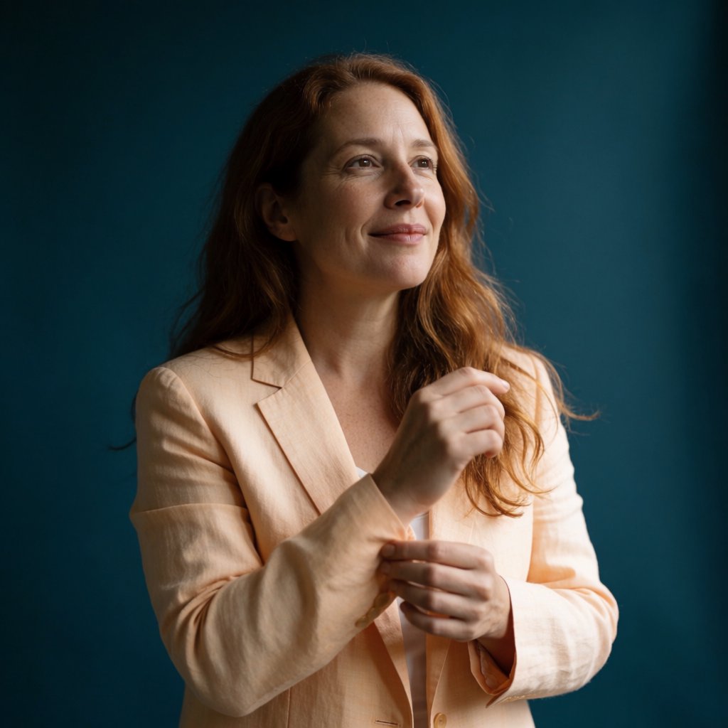 Portrait photograph of an adult woman in her early 30s wearing a pale apricot linen blazer, her hands gently smoothing its cuff. She looks quietly delighted against a deep teal paper backdrop, illuminated by soft, angled studio light. — Krea 2 Medium