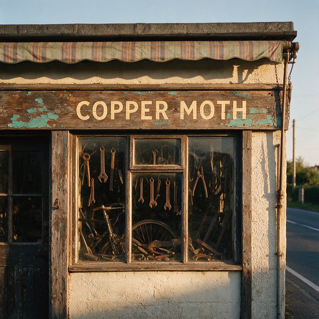 An old roadside bicycle workshop beneath a faded striped awning, rusted tools displayed in the window, with "COPPER MOTH" painted in cream block letters across the weathered wooden fascia, afternoon sunlight catching peeling turquoise paint. — Seedream 5.0 Pro