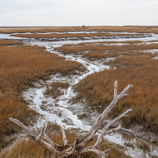 An expansive salt marsh at low tide under a pale overcast afternoon, winding channels reflecting silver sky between russet grasses, a weathered driftwood branch in the foreground, distant reeds and receding mud ridges revealing layered depth and wet natural texture. — Qwen Image 3.0