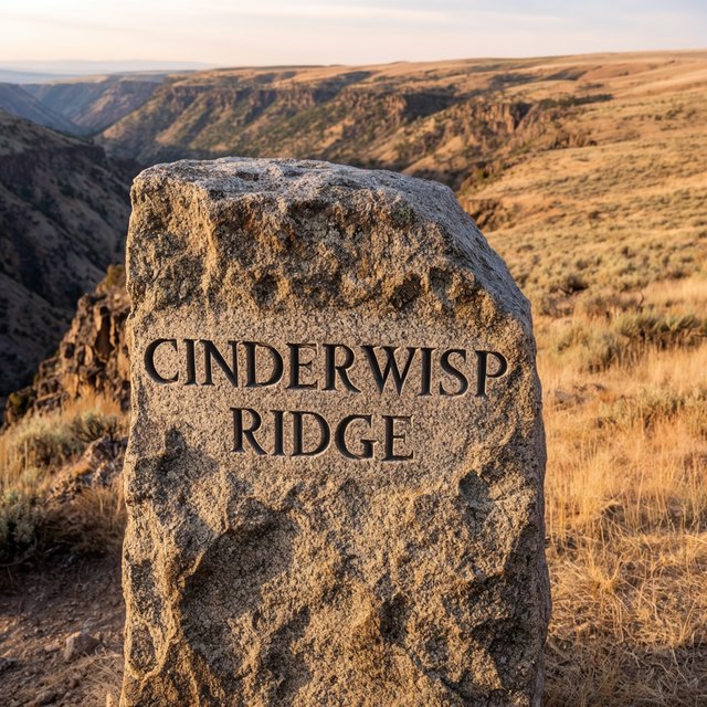 At a high desert canyon overlook, a weathered granite trail marker rises among sage and pale grasses; "CINDERWISP RIDGE" is deeply carved across its broad face, the cut letters catching slanting amber light. — Krea 2 Large
