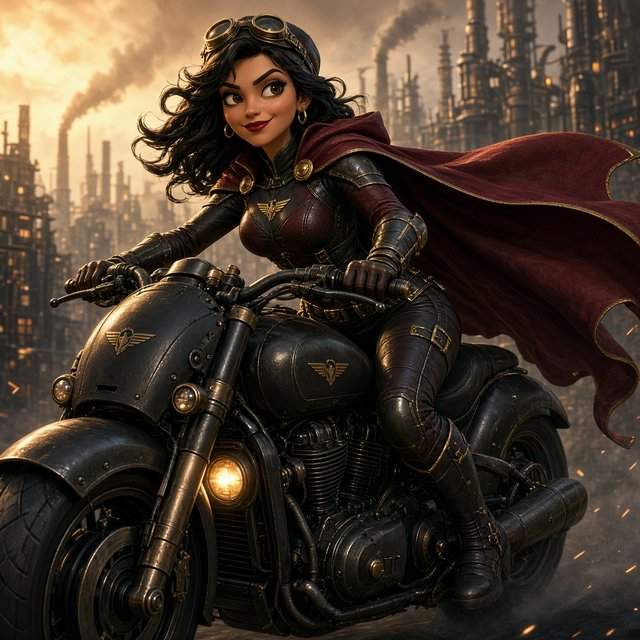 A modeled 3D character design featuring exaggerated, caricatured proportions and a striking silhouette—combined with subtle, nuanced skin shading and warm, cinematic rim lighting—creates an elegant aesthetic reminiscent of modern animated films. The result is a polished, stylized rendering characterized by rich color depth, expressive caricatured facial features, painterly texture details, and a dramatic, theatrical atmosphere typical of contemporary animation. An adult female superhero with a flowing cape on a moving motorcycle. Dieselpunk style. — Grok Imagine Image 2