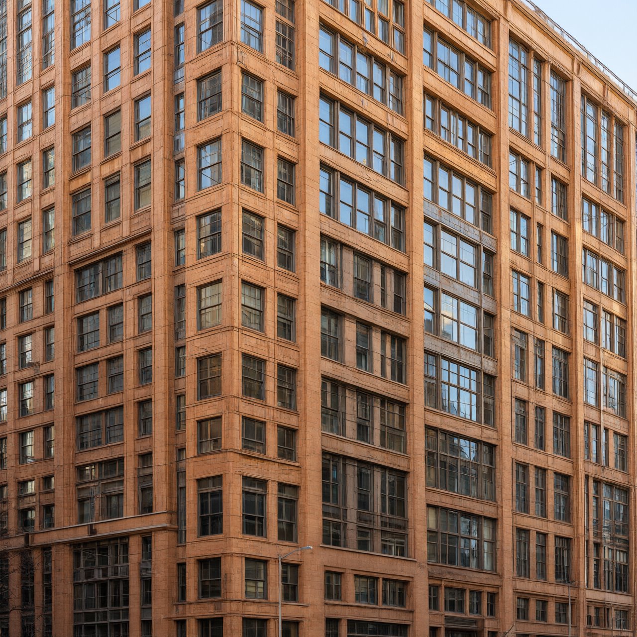 Exterior of a Chicago School office tower, with a visible steel-frame grid, warm terra-cotta cladding, broad rectangular windows, and a flat roofline; clear afternoon light, viewed from across a city street, with precise verticals and believable construction. — Qwen Image 3.0