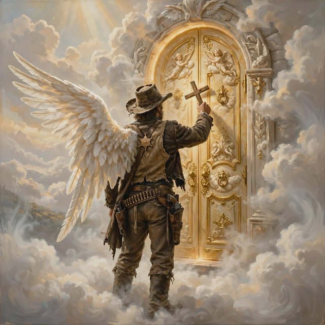 Create a painted image of a frontier lawman in heaven, facing away from the camera with angel wings. He is standing on a ground made of clouds, with a door in front of him. Holding a cross, he uses it to knock on the door. — Muse Image 1.0