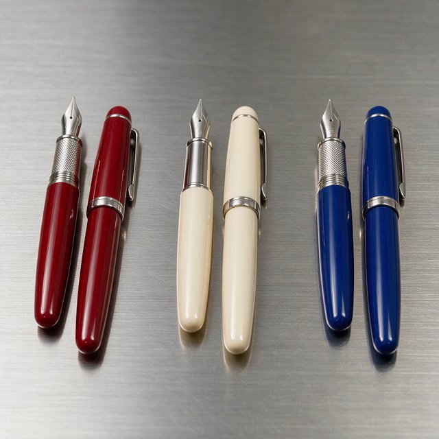 Across a brushed steel counter, exactly six fountain pens rest in three groups: two crimson pens on the left, two ivory pens in the center, and two cobalt pens on the right; nothing else. — Seedream 5.0 Pro