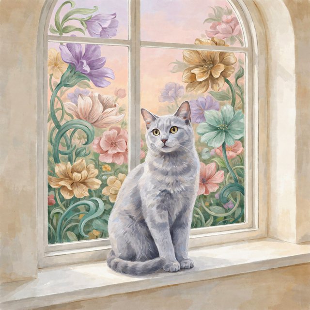 A whimsical cat with fur like spun moonlight sits on a windowsill overlooking a dreamlike garden. The garden is filled with oversized, fantastical flowers rendered in a soft, painterly style, with elements of Art Nouveau curves in the plant designs. The overall mood is serene and enchanting. — Model 8