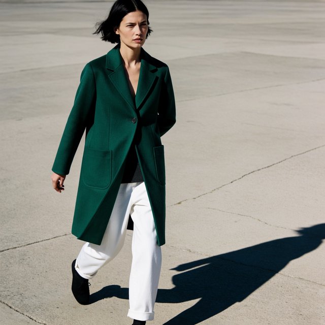 Full-length fashion editorial: model in a structured emerald wool coat and white trousers walking across a wide empty plaza, harsh midday sun, long shadow. — Krea 2 Medium