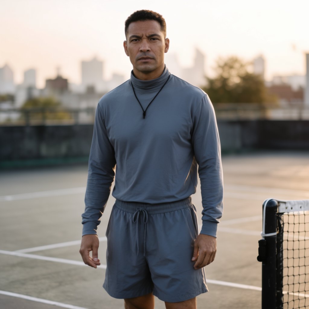 Editorial glamour photograph of an adult man in a slate-gray fitness set, pausing naturally beside a rooftop tennis court at sunrise, soft flattering light catching his focused expression and the city skyline beyond. — Krea 2 Large