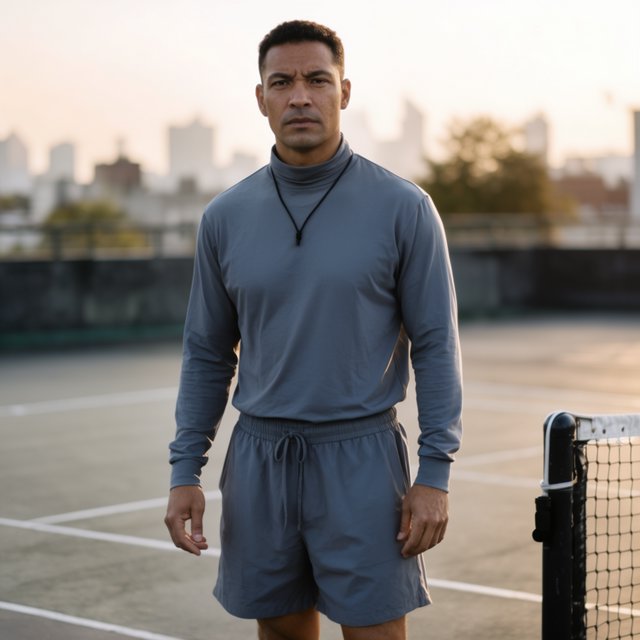 Editorial glamour photograph of an adult man in a slate-gray fitness set, pausing naturally beside a rooftop tennis court at sunrise, soft flattering light catching his focused expression and the city skyline beyond. — Krea 2 Large