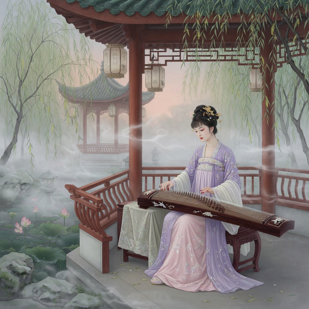 An elegant ancient Chinese lady in hanfu plays the guzheng in a quiet garden pavilion, surrounded by willow trees and mist, creating a poetic atmosphere. — Grok Imagine Image Quality