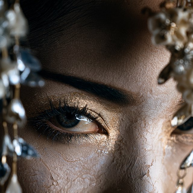 Extreme close-up macro photography of a Geisha's face. The focus is on her eyes, revealing intense emotion and hyper-realistic detail. Her skin is covered in traditional white 'Oshiroi' makeup, showing subtle, realistic cracking and skin texture. Dramatic Chiaroscuro lighting with deep shadows and a single soft light source highlighting the shimmer in her golden eyeshadow and the wetness of her eyes. Ornate kanzashi (hair ornaments) visible in the blurred periphery with intricate silk flowers and dangling silver petals. Cinematic composition, shot on 100mm macro lens, incredibly detailed eyelashes and iris patterns. — Model 13