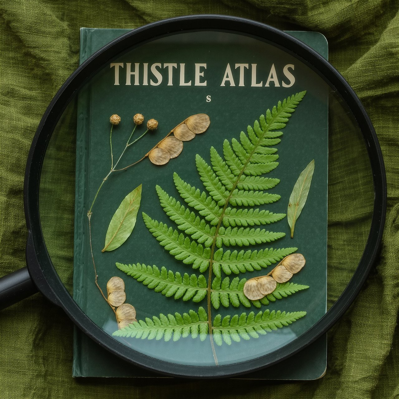 Pressed fern fronds, seed pods, and a magnifying lens frame a naturalist’s field-guide book cover on moss-green cloth; “THISTLE ATLAS” spans the upper third in hand-cut ivory serif capitals, with no other legible writing. — Kling v3 Omni