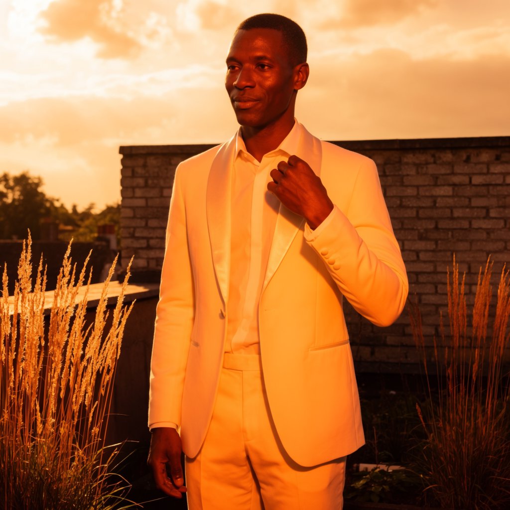 Under the copper glow of a rooftop terrace, an adult Black man in a tailored cream dinner suit is caught smoothing his lapel as evening breeze stirs nearby grasses; calm poise, sculpted shadows and refined fashion-magazine polish. — Krea 2 Large