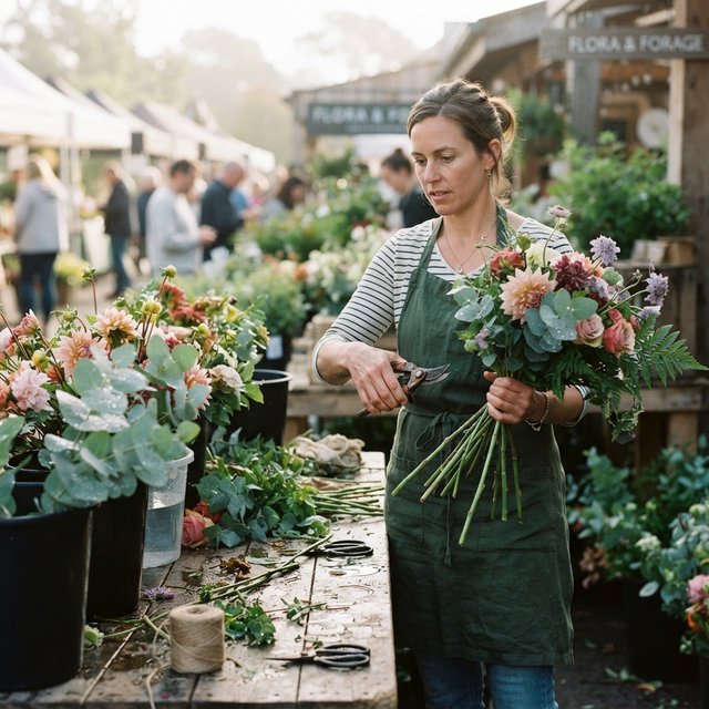 Candid documentary photograph of an adult florist arranging loose stems at an outdoor market stall, soft early-morning side light, 50mm lens with shallow depth of field, tiny water droplets beading on the cut leaves. — Nano Banana 2 Lite