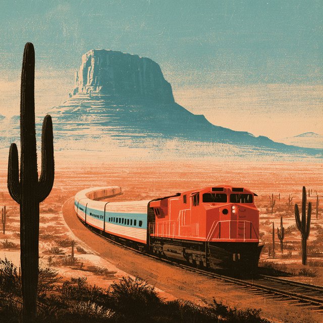 At dawn, a scarlet desert train curves past saguaro silhouettes toward a mesa; screen-printed gouache illustration in mid-century travel-poster style, palette of rust, turquoise, sand, and cream, no lettering. — Midjourney V8.2
