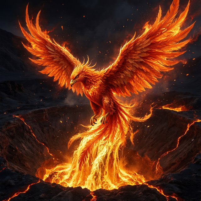 A majestic phoenix rising from a cascade of molten gold and shimmering embers against a backdrop of a dark, volcanic caldera. Its feathers are ablaze with brilliant oranges, reds, and fiery yellows. The air around it crackles with heat and energy. Style: Epic fantasy art with dynamic composition and vibrant color contrast — Qwen Image 3.0 Pro