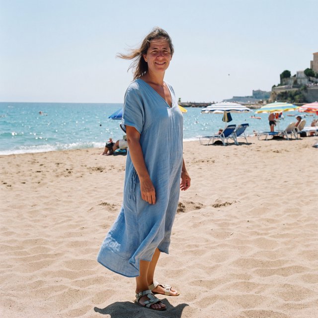 Authentic amateur photo of a beautiful adult woman standing at an Italian beach during vacation time. She wears appropriate clothing. It is noon. — ImagineArt 2