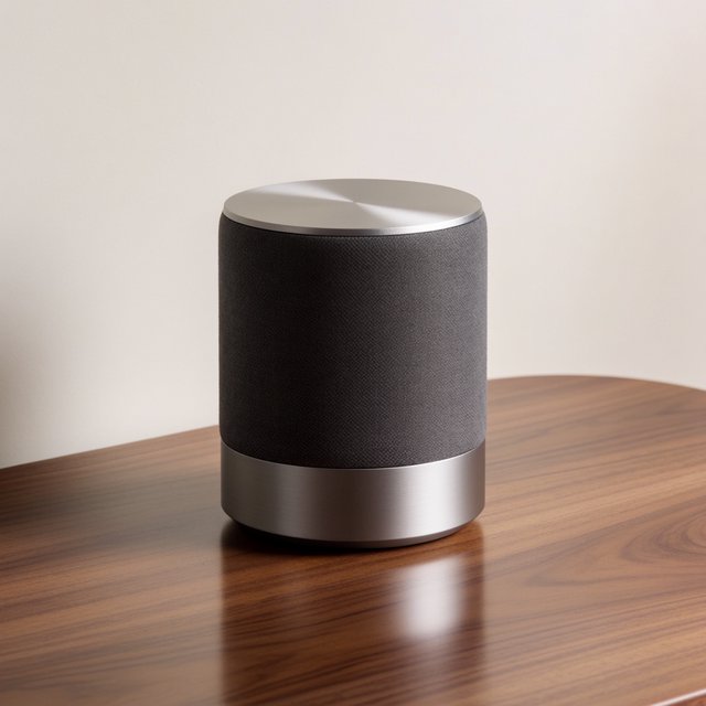 Commercial product photograph of an unbranded wireless speaker made from textured black fabric and satin aluminum, placed on a walnut tabletop against a warm cream background, illuminated by a large softbox and subtle backlight. — Krea 2 Medium