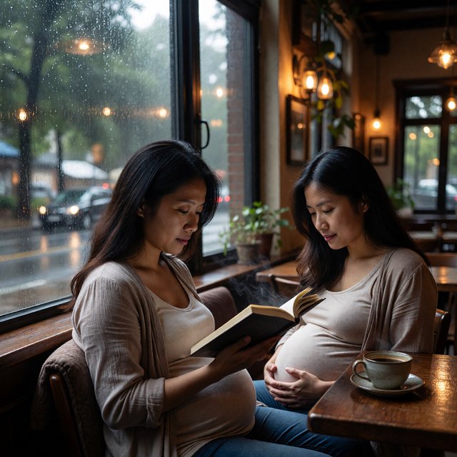 Photorealistic cinematic scene of a pregnant Chinese woman sitting in a cozy café by the window, reading a book. She appears calm, gentle, and thoughtful, with one hand resting naturally near her belly. On the table beside her is a cup of coffee, softly steaming. Outside the large window, heavy rain pours down, with streaks of water on the glass and a blurred rainy street beyond. The café interior is warm and inviting, with soft ambient lighting, wooden textures, and a peaceful atmosphere that contrasts with the storm outside. The composition should feel intimate, emotional, and serene, with the woman as the clear focal point. — ImagineArt 1.5 Pro