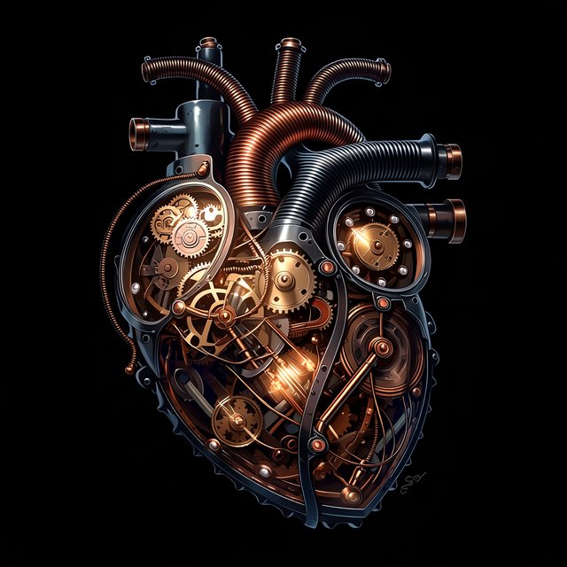 A beautifully intricate mechanical heart floating alone in deep darkness, designed like an exquisite piece of horological sculpture. Its polished brass, copper, and dark steel chambers are partially open, revealing layers of tiny interlocking gears, delicate springs, pistons, and precision mechanisms within. Sections of crystal-clear glass expose deeper workings, while slender tubes carry a faintly glowing fluid through the heart like an artificial bloodstream. Tiny gears turn and pistons move, suggesting that the heart is genuinely functioning. Fine mechanical filaments curl outward like veins and arteries, catching subtle highlights from the warm inner glow. Elegant steampunk aesthetic, dramatic cinematic lighting, rich metallic textures, intricate reflections, mysterious atmosphere. — Midjourney Niji 7