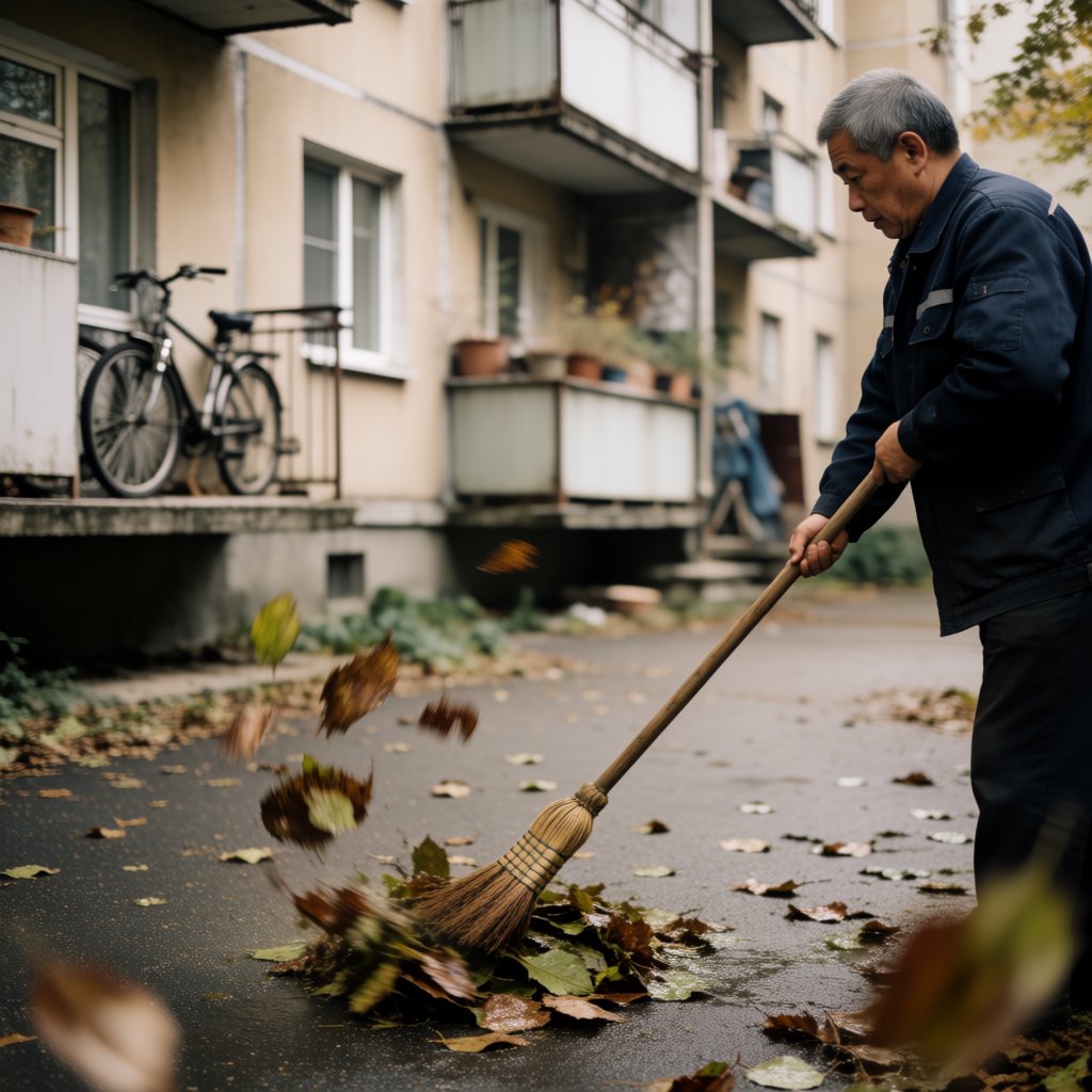 Candid documentary photograph of an adult groundskeeper sweeping damp leaves from an apartment courtyard, pale overcast morning light, 35mm lens with moderate depth of field, a few leaves caught midair in motion blur. — Krea 2 Medium