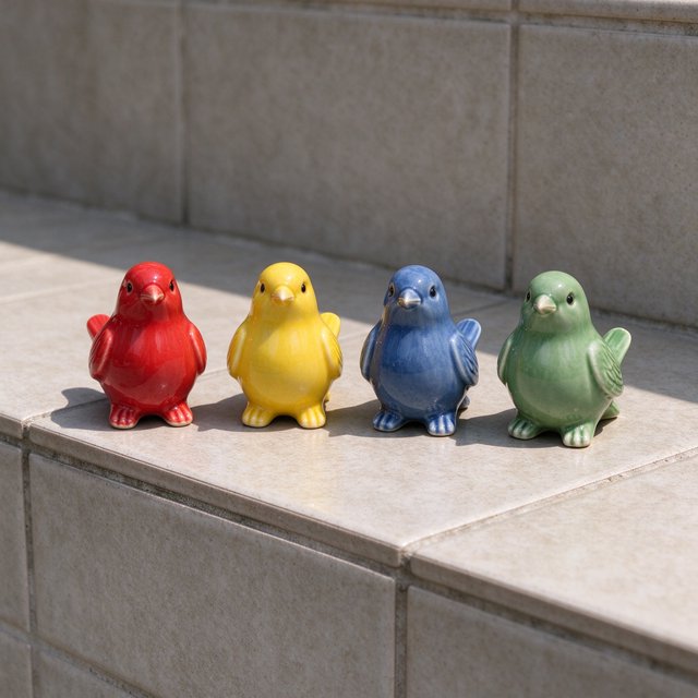 On a sunlit tiled ledge, exactly four ceramic bird figurines form a row: red at far left, yellow at left-center, blue at right-center, and green at far right; all face forward, nothing else. — Seedream 5.0 Flash