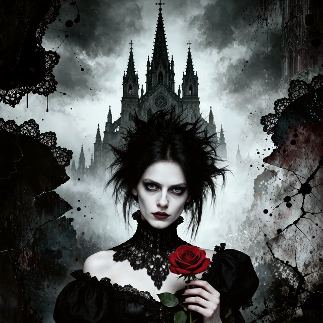 Atmospheric lighting creates soft background gradients through value blending, and surreal dark textures produce cracked surfaces and splatter via organic mark making. The fusion manifests as lace edges, dramatic chiaroscuro, and sharp focal contrast, transforming any subject through meticulous gothic surface modeling. A gothic woman depicted in 2026, with spiky black hair, blue eyes, and pale skin, wearing a black off-shoulder lace dress with a high ornate collar and puffed sleeves, holding a red rose. Close-up at eye level, the woman facing forward with her head slightly tilted, gazing directly at the viewer, holding a red rose in her right hand near her shoulder. Scene set before a gothic cathedral during overcast twilight, with misty atmosphere, featuring tall church spires in the background. — Kling v3