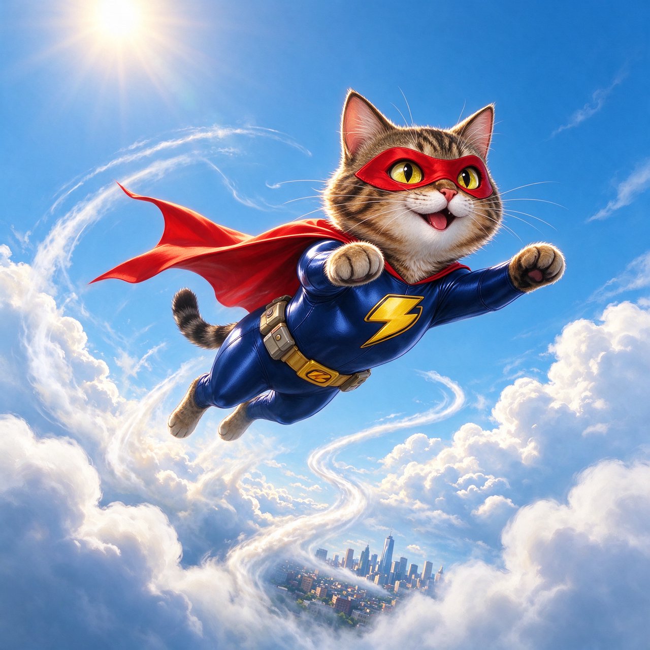 A cat flying in the sky wearing a super kitty costume. — Seedream 5.0 Flash