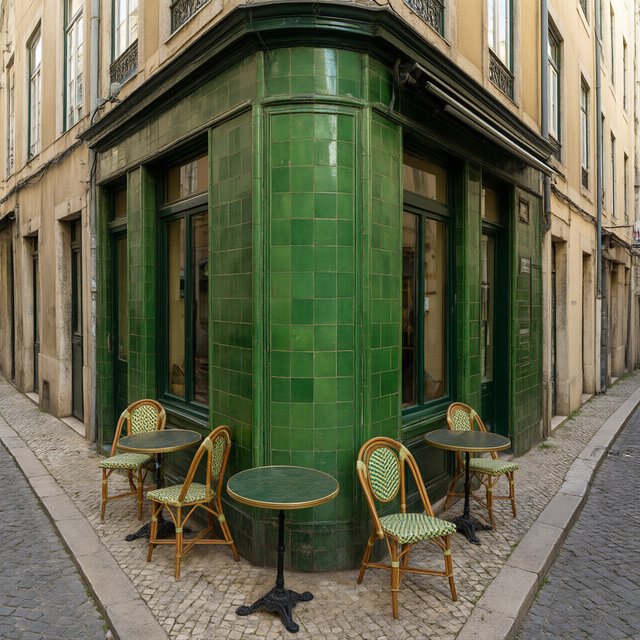 A tiny corner café in a narrow European street, green tiled facade, two bistro tables, morning light, no people. — Qwen Image 3.0