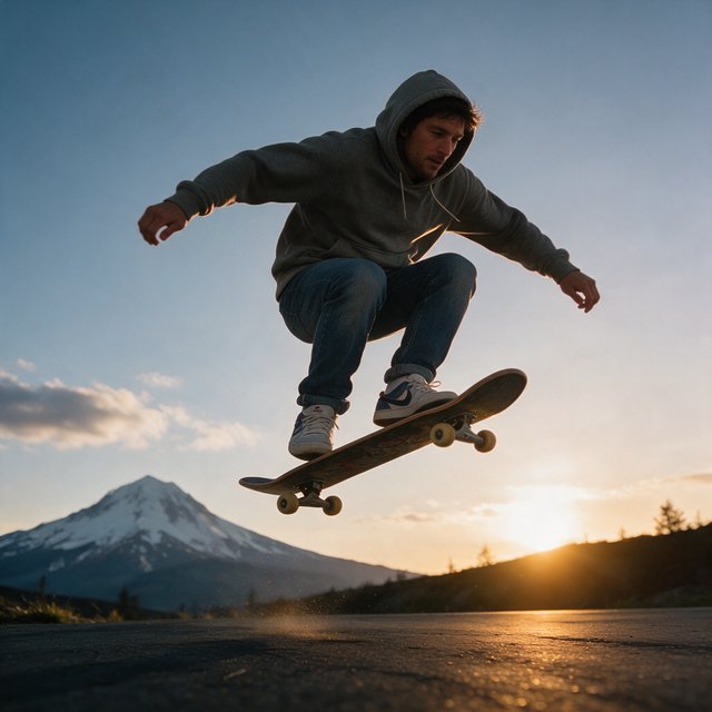 A man wearing a hoodie, jeans, and sneakers rides a skateboard that has taken off the ground. A low angle shows the man on the skateboard up in the air at high speed, with a snow-capped peak in the background beneath a setting sun in the evening sky. — Seedream 5.0 Pro