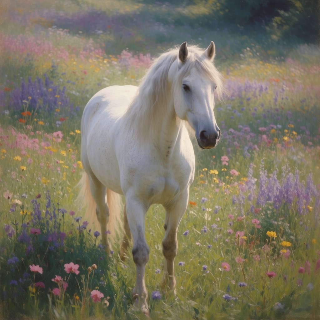 a regal white horse with a flowing mane, standing in a sun-dappled meadow filled with vibrant wildflowers. Gentle light illuminates the scene, highlighting the horse's powerful physique and the delicate details of the flowers. The style is reminiscent of Romantic era landscape paintings with a soft, impressionistic touch. — Krea 2 Medium